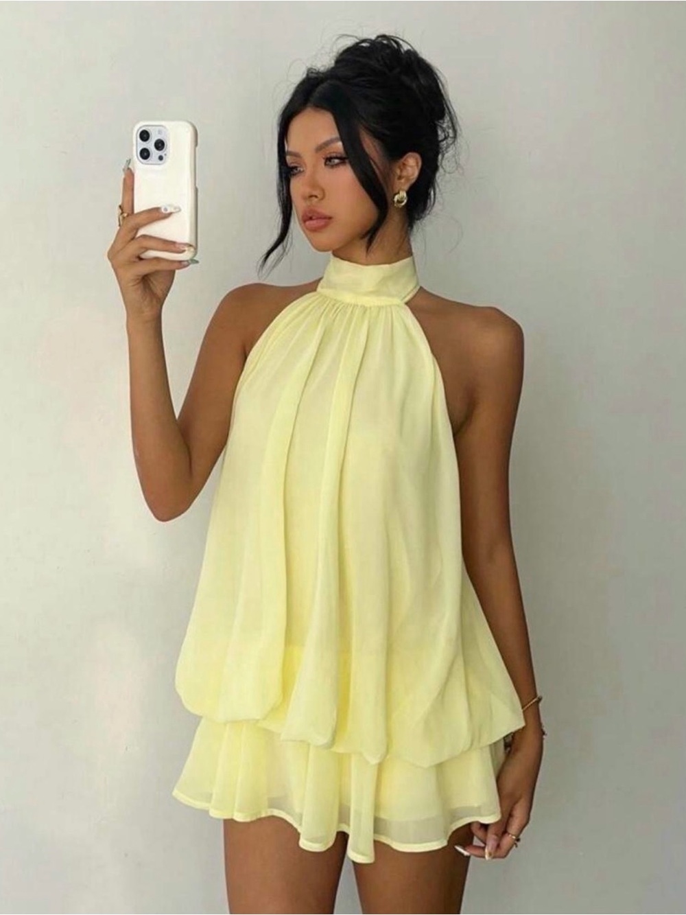 Edikted Pale Yellow Halter Tiered Mini Dress
